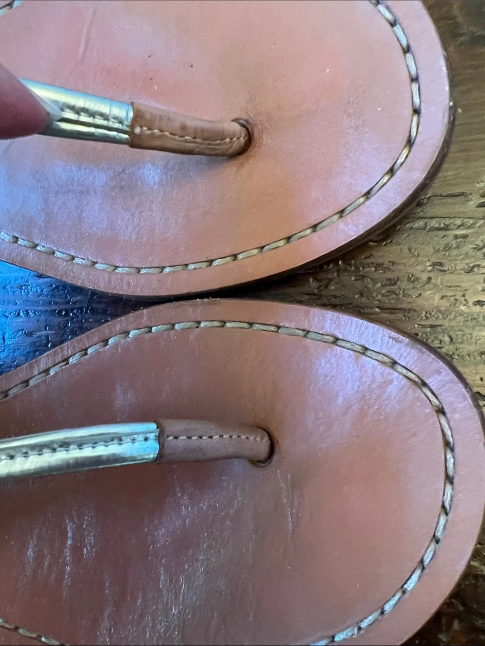 Coach Metallic Silver Leather T-Strap Sandals with Tan Footbed